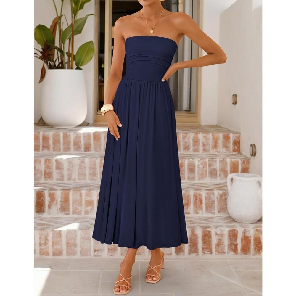 Women's Navy Summer Sleeveless 2026 Strapless Ruched A Line Flowy Midi Dress - Picture 6 of 7
